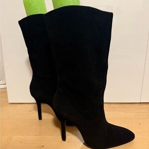 Zara Black Suede Pointed-Toe Stiletto Mid-Calf Boots